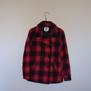Old Navy Red and Black Plaid Pea Coat